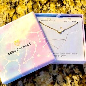 NIB BELOVED+ INSPIRED Gold Tone Silver Plate Necklace LIBRA Zodiac Rhinestone